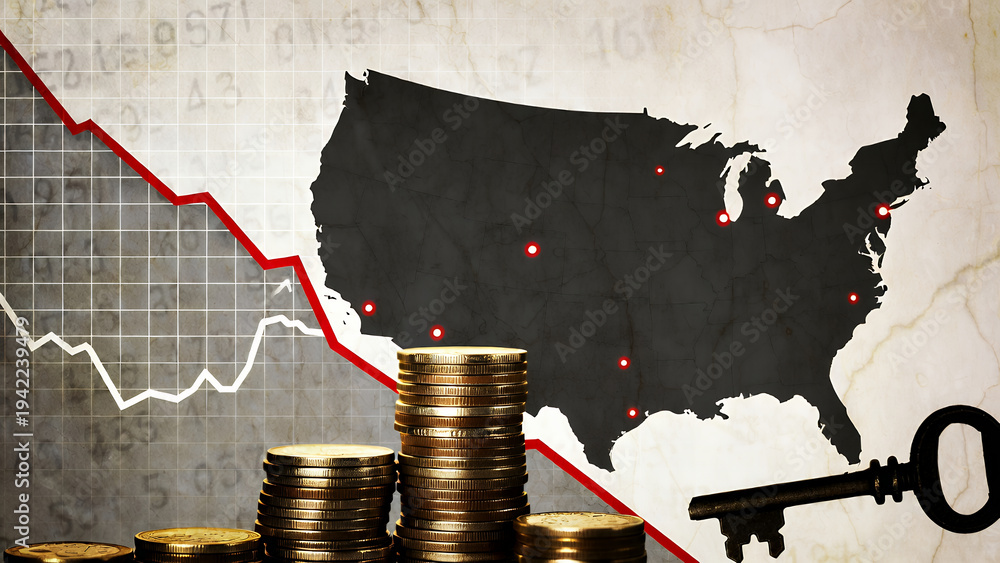 The United States map overlaid with a red downward trend line depicts