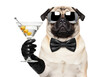 © Adelaide - fawn pug in aviator sunglasses and black silk bow tie, holding a martini glass with olives in a leather opera glove, high-key studio photo with bokeh. concept of sophisticated animal portraiture