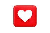 Vibrant red 3D glossy square button with a white heart symbol, representing love, likes, favorites, and social media engagement on a clean white background, ideal for web design and applications.