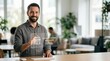 © Oleg - Smiling man touching a transparent customer ratings interface over a desk in a modern office. Small business reviews and star ratings displayed over a coworking workspace for service feedback and