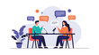 © Isra - Professional podcast recording session features a man and a woman interviewing each other with microphones and colorful speech bubbles above.