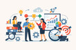 © Sanjit - Business team working on workflow management and process optimization. Flat vector illustration of professionals collaborating on project efficiency, strategy, and growth with data and icons.