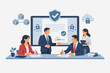 © Sanjit - Business people signing a smart contract for secure digital agreement. Flat vector illustration of professional team using blockchain technology for legal document verification and protection.