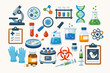 © Sanjit - Comprehensive collection of healthcare and laboratory icons in flat vector style featuring microscope, DNA helix, test tubes, syringe, medicine, biohazard symbol, centrifuge, and ultrasound.