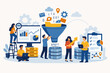 © Sanjit - Big Data Analysis and Information Processing Flat Vector Illustration with People Managing Digital Analytics, Database Storage, Data Filtering Funnel, and Business Growth Statistics on Background