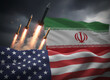 © Jim - Missiles launching against backdrop of United States and Iran flags. Geopolitical tension, military confrontation and international conflict concept. War & Conflict