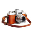 © aiman12 - Vintage film camera with leather strap on white background
