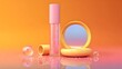 © AS Studio - Glittery pink lip gloss tube with open compact mirror on orange background