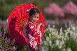 © geargodz - preschool child girl in yukata (kimono dress) holding umbrella with sakura flower or cherry blossom blooming in garden