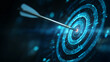 © Hathairat - Digital target arrow blue cyber dartboard business goal marketing strategy success precision aim data concept glowing technology focus digital
