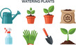 © Donjuan Studio - Illustration of gardening tools watering can potted plants sprayer gloves trowel soil bag and seedling