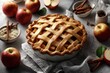 © Alexei - Cozy autumn-themed apple pie with a lattice crust surrounded by fresh apples, cinnamon sticks, and sugar on a textured gray surface