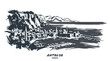 © abuizzati - A sketch of the coastal city of Antalya, Turkey, with its distinctive architecture and mountainous backdrop.