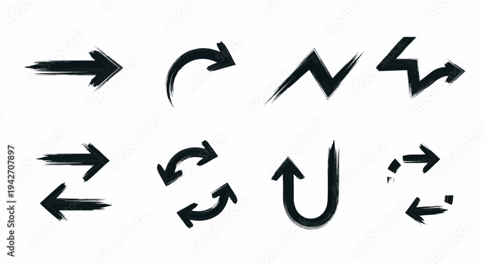 Diverse black brush stroke arrows pointing directions in various forms ...