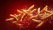 © Dana - Crispy fries fall against a red background with sprinkled salt in the air during a food shoot