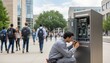 © Justlight - Technician finetuning a selfservice deposit and withdrawal device on a busy campus with the foreground machine crisp and bustling background figures faded.