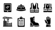 © Maureen - Construction and safety icon set: helmet, safety vest, crane, tablet, boots, and more