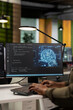 © DC Studio - Close up of startup company employee testing AI machine learning algorithms at work. Software developer scaling productivity with artificial intelligence large language model technology