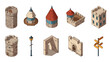 © Maureen - Isometric medieval architecture set: towers, arches, and street sign
