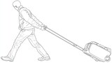 Man pulling suitcase in line art vector illustration