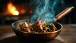 © svastix - A vibrant and steaming skillet of beef stir-fry, featuring tender pieces of meat combined with green onions and a smoky background, showcasing dynamic culinary artistry.