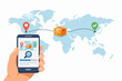 © Vector World - Hand holding smartphone tracking global package delivery on world map