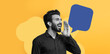 © Prostock-studio - A man stands with a hand near his mouth. He appears to be shouting or speaking loudly. Behind him is a bright yellow background with a speech bubble graphic.