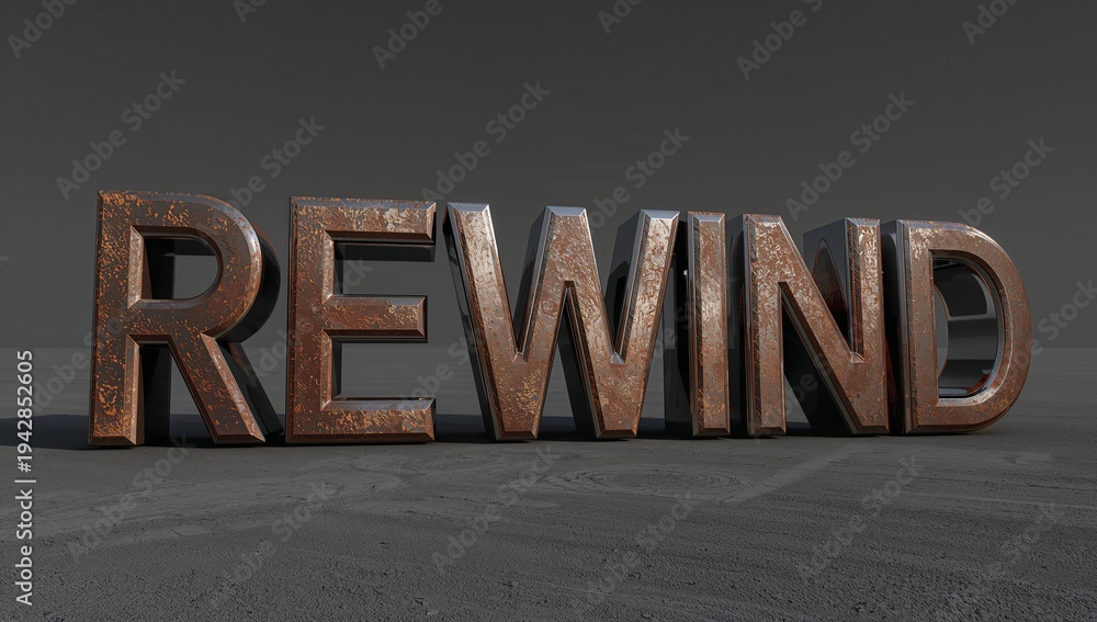 Photo Stock Displaying big 3D letters REWIND with rusted copper on ...