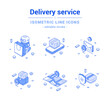 © provectors - Delivery service postal parcel courier chatbot logistic outline line isometric icon set vector illustration. Commercial shipping post transportation map tracking distribution online shopping shipment