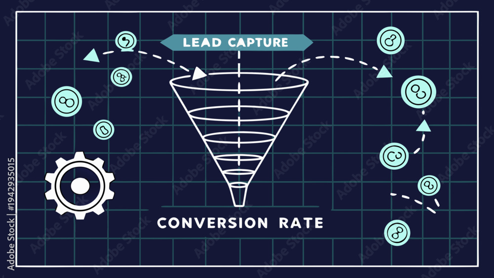 A vector graphic illustrating a conversion rate funnel with lead ...