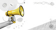 © Yudooo - Yellow megaphone held by a hand with graphic elements on a white background, symbolizing announcement and promotion