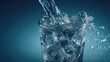 © Plaifah - Fresh and Pure Water Splash in Glass with Ice Cubes against a Calm Blue Background Capturing Refreshing and Invigorating Beverage Style
