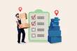 © deagreez - Composite trendy magazine photo collage of serious courier man carry box parcel geolocation icon merchandise clipboard checkmark