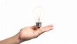 © Ghulam - Realistic 8k close-up of hand holding glowing light bulb representing new startup idea, innovation and creativity concept, dramatic soft lighting, isolated on pure white background