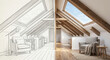 © xartproduction - Attic room transformation from architectural sketch to finished modern interior.