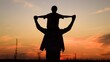© Victoriia - Child daughter on father shoulders, walk together in nature park. Parent father, child girl, holding hands, play in park against sky. Silhouette. Dad kid play outdoors. People in park. Family picnic