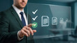 © Pixel Nomad - Businessman interacting with a transparent screen showing document approval checklist.