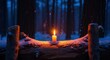 © Ariestia - Illuminated wax wick burns brightly atop a snow covered log in a dark forest environment