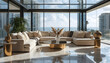 © SkNur - Spacious Modern Luxury Living Room with Floor-to-Ceiling Windows, Elegant Interior Design and Natural Light Interior Concept