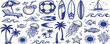 © Art Collection3 - Hand drawn doodle summer beach, sea and surf vector illustration set. Tropical coastal elements palm trees, waves, surfboards, and sun with ornament for t-shirts, posters, and placards prints.