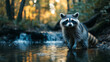 © SmartArt Pixels - Raccoon standing in serene forest stream with golden light