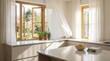 © Alexandra - Open window in bright kitchen with fresh spring air blowing sheer curtains. Sunny morning ventilation after cleaning. Cozy home interior design with blooming garden view and houseplant.