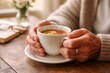 © Татьяна Евдокимова - Elderly hands gently cupping a steaming mug of lemon tea on a wooden table, evoking cozy morning routine, calm relaxation and peaceful senior comfort and mindfulness