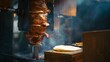 © decorator - Savory roasted meat on a spit grill creates an inviting aroma of delicious street food delight
