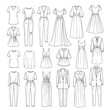 © islah - A detailed line drawing showcasing a diverse collection of women's fashion apparel, including dresses, jumpsuits, pants, shirts, and suits.