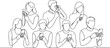 © Mofazzelh - Continuous one line drawing People holding, using mobile phones. Single line draw design vector graphic illustration. one line Icon drawing
