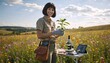 © Vasiliy - Smiling female botanist holding a potted plant in a wildflower meadow. Young woman scientist conducting ecological research with a microscope and tablet in the field