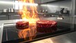 © Masta - Thick, raw beef steaks searing with vibrant flames on a futuristic induction cooktop in a professional kitchen setting