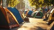 © NashEmpire - Homeless encampment with tents and cardboard shelters near a busy urban intersection with selective focus and soft light illuminating the scene