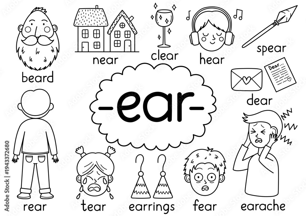 Ear Digraph Ear digraph spelling rule black and white educational poster for kids ...